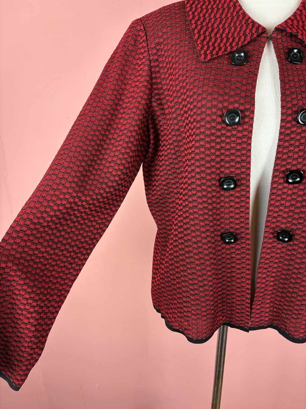 Ming Wang Jacket Open Cardigan Womens Medium Dressy Stretch Red Black Capsule