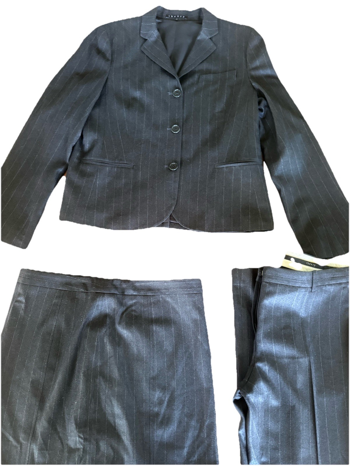 3 Piece Theory Women’s Suit Set, Gray Pinstripe, Blazer 12, Skirt and Pants 10