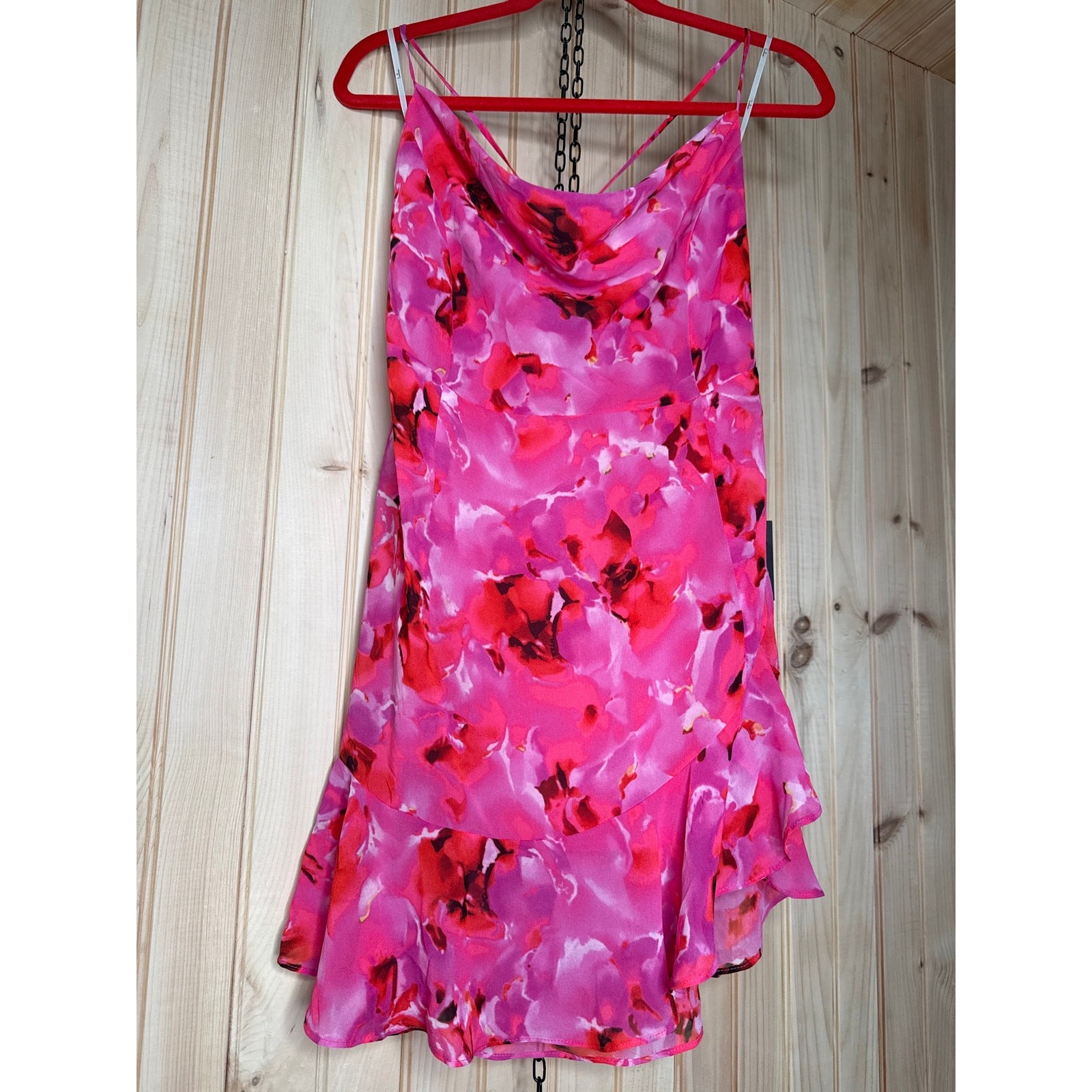 NWT Lulus Cina Hot Pink Floral Lace-Up Mini Dress Party Resort Cruise Size L