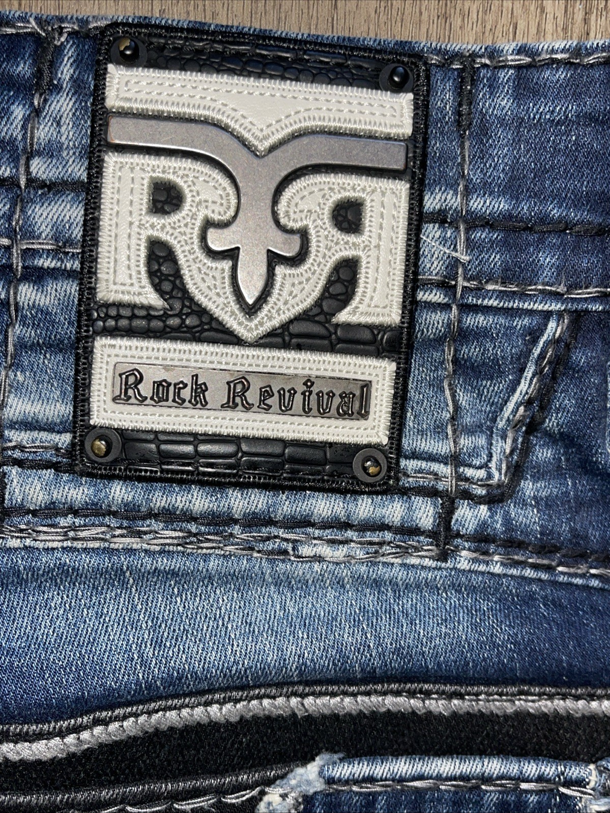 ROCK REVIVAL “ RUSTIC BROWN” Slim Taper Jeans, Size 31/31 Length ￼ Distressed