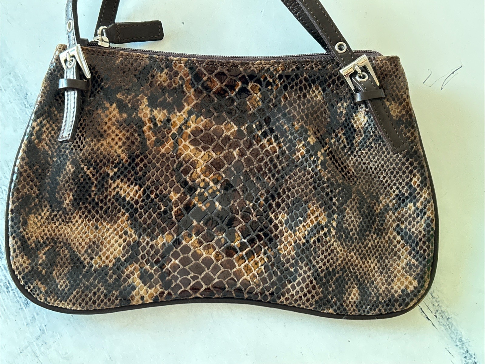 Vera Pelle Italy Brown Snakeskin Purse Leather DoubleHandle Shoulder Bag 10.25”W