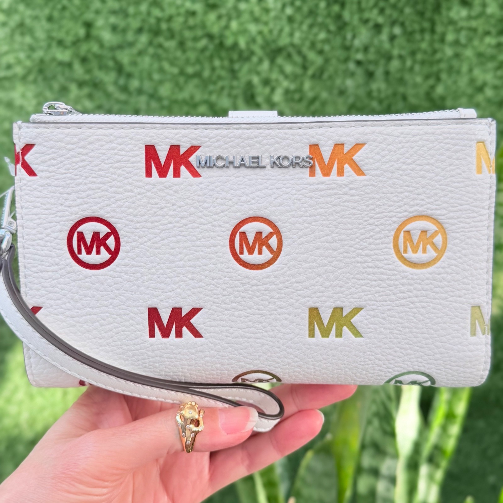 Michael Kors Jet Set Travel Double Zip Wristlet Wallet MK Rainbow Optic White