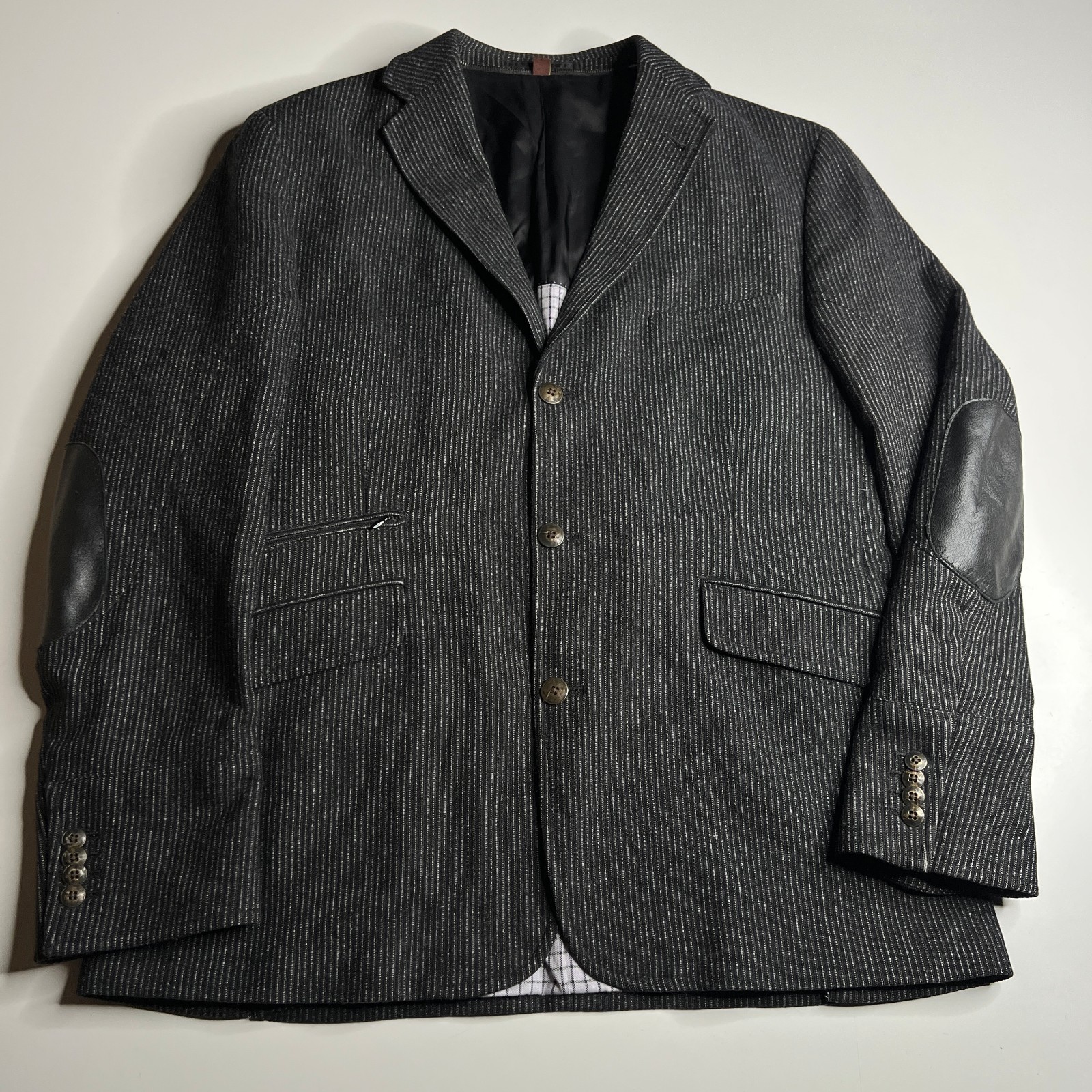 Kroon Luxury Tweed Blazer Jacket Gray Pinstripe Elbow Patches Casual Smart L