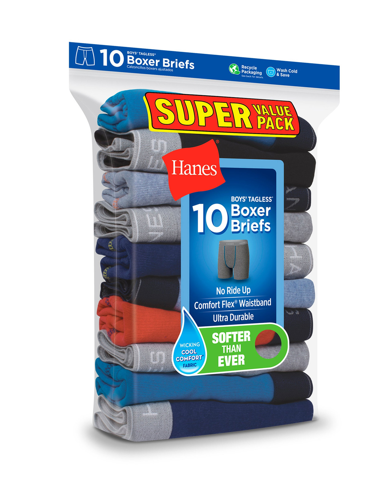 Hanes Boys Dyed Boxer Briefs 10-Pack Cool Comfort Flex Waistband Tagless S-XL