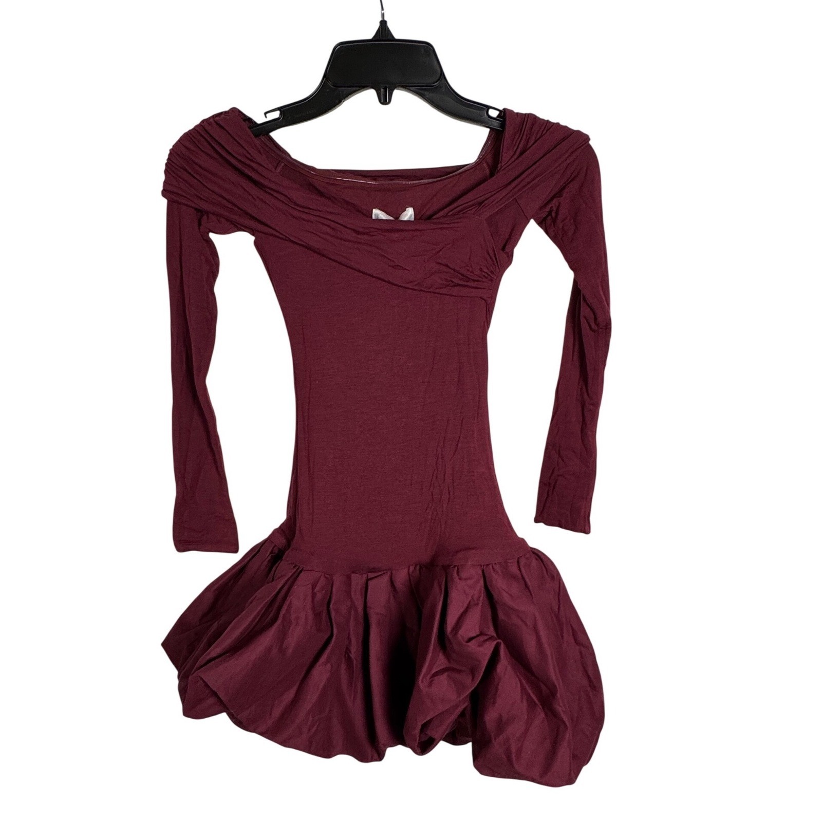 Oh Polly Wine Red Off Shoulder Long Sleeve Bubble Hem Mini Dress XXS Burgundy