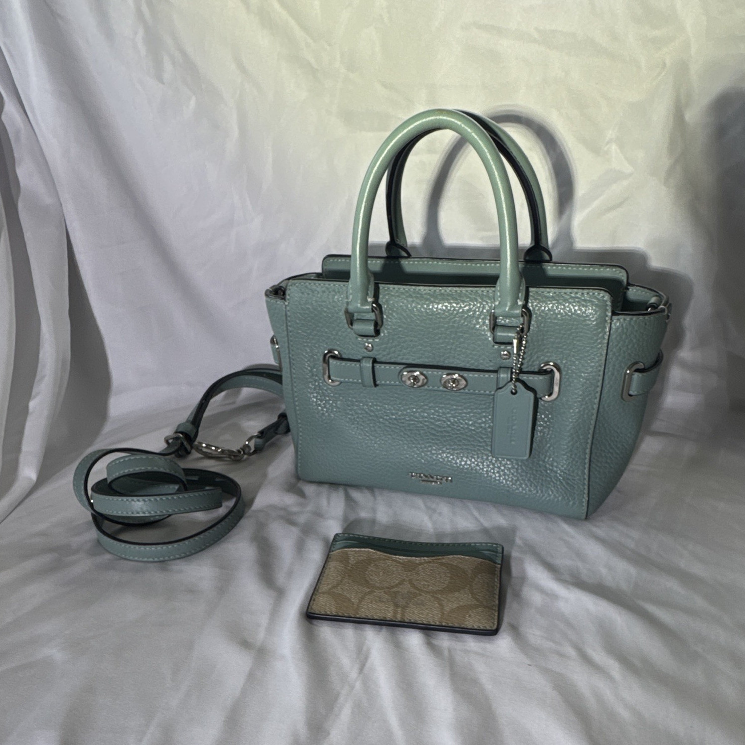 Coach Light Blue Pebbled Leather Satchel, Zip, Silver Hardware, Pockets, Studs
