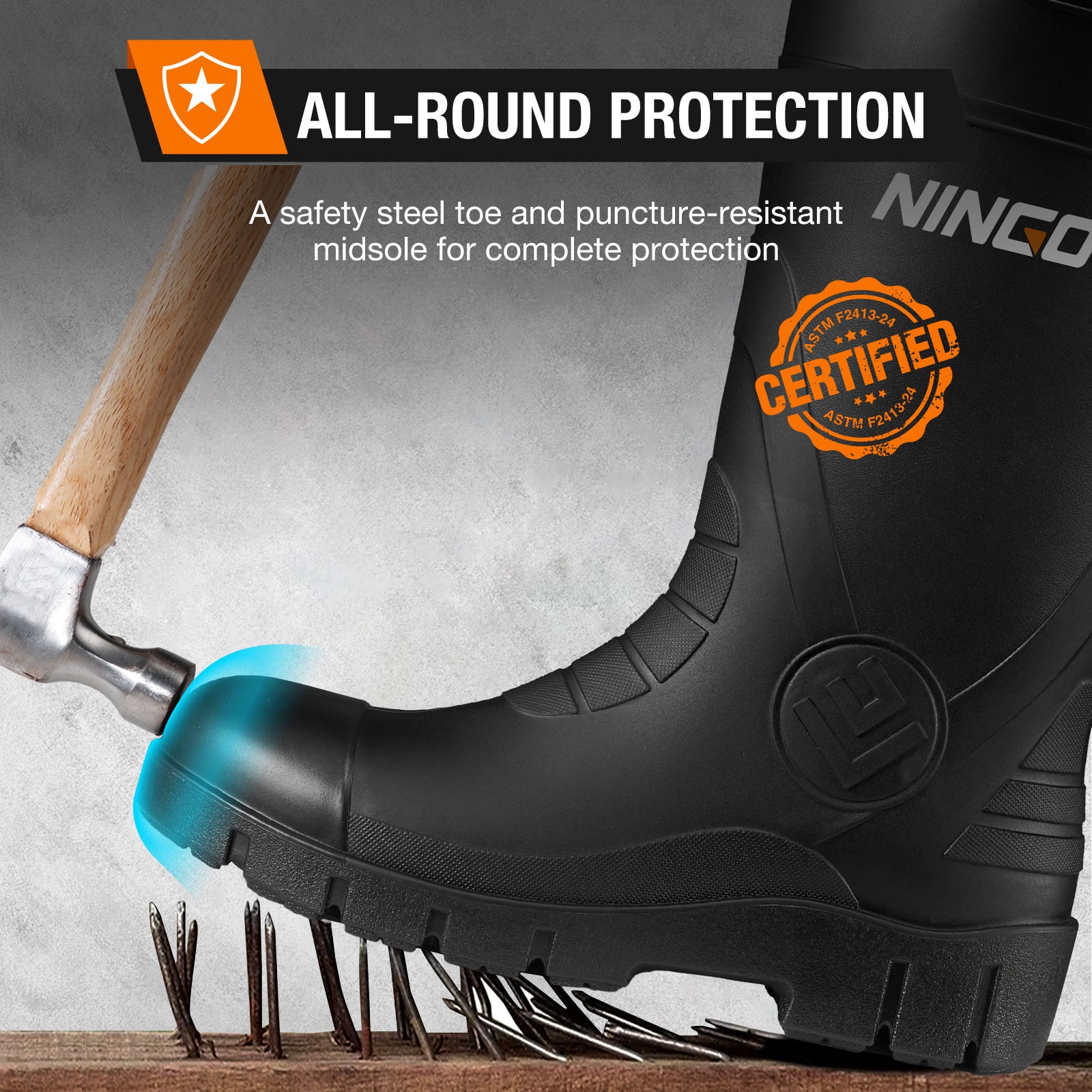 NINGO Men Steel Toe Waterproof Rain Boot Puncture & Slip Resistant Mud Work Boot