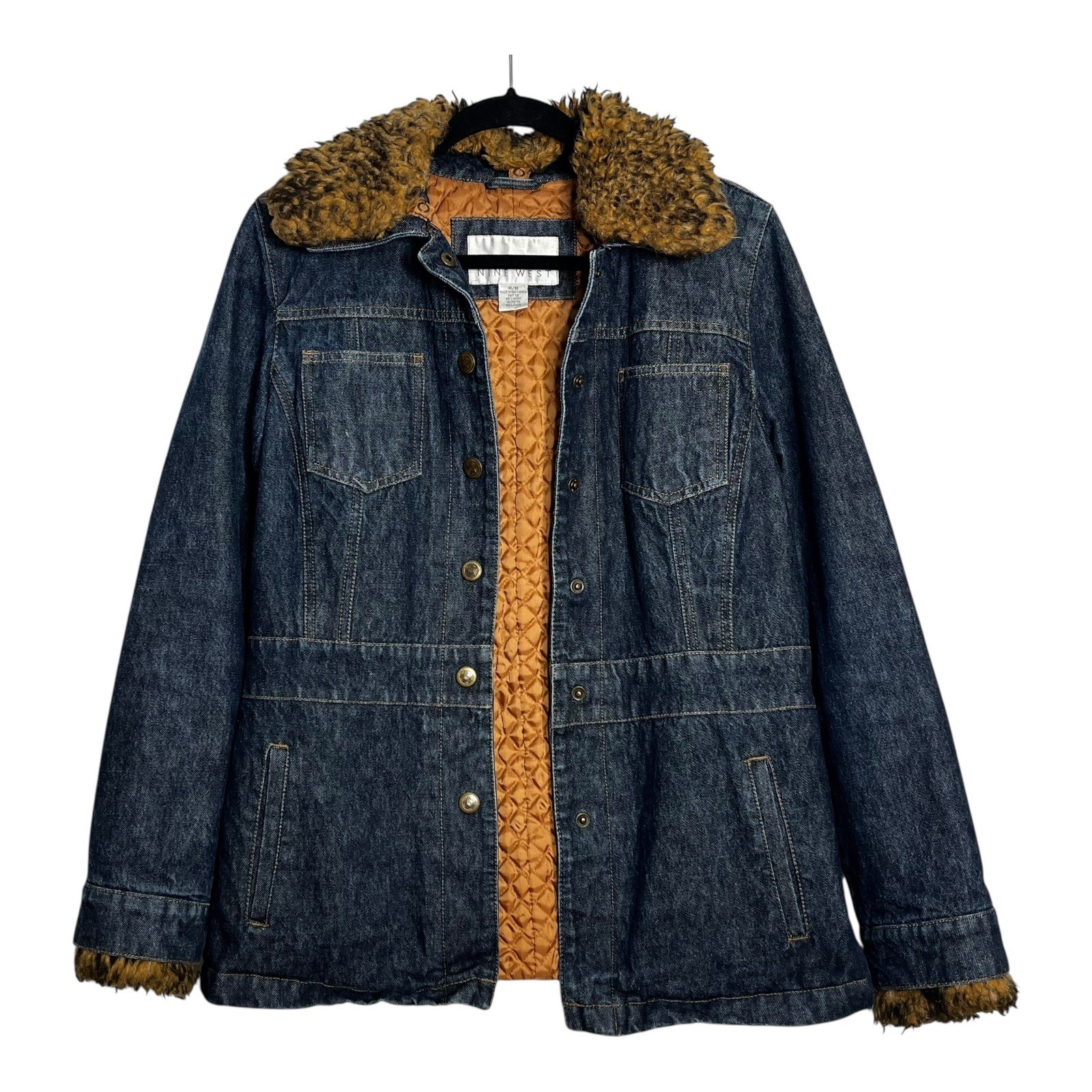 Nine West Womens Denim Jacket Faux Fur Trim Quilted Lined Dark Wash Blue Medium