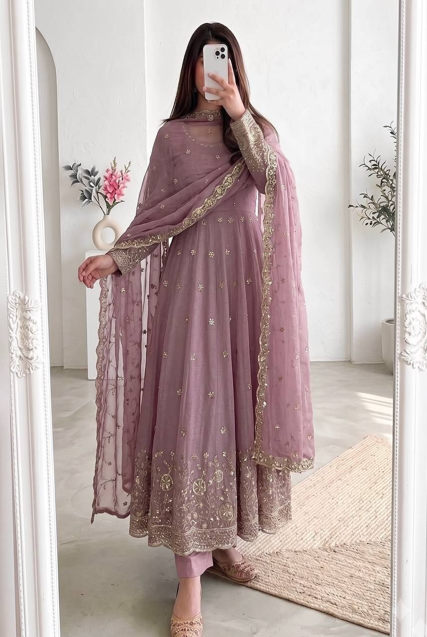 Anarkali Gown Pant Dupatta Crunchy Silk 3-Piece Indian Pakistani Festive Suit