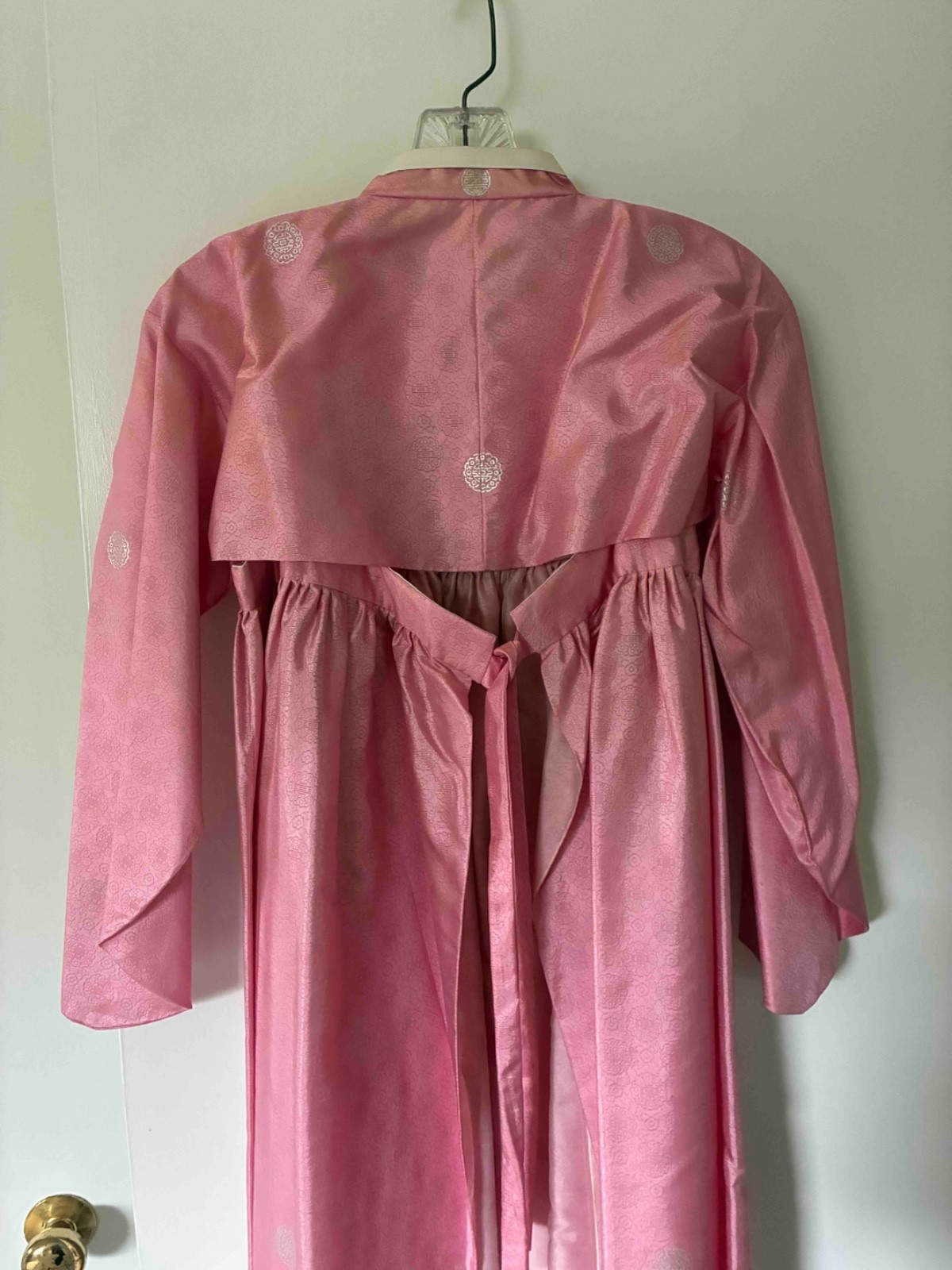 Vintage authentic Korean hanbok dress, pink with metallic silver, small