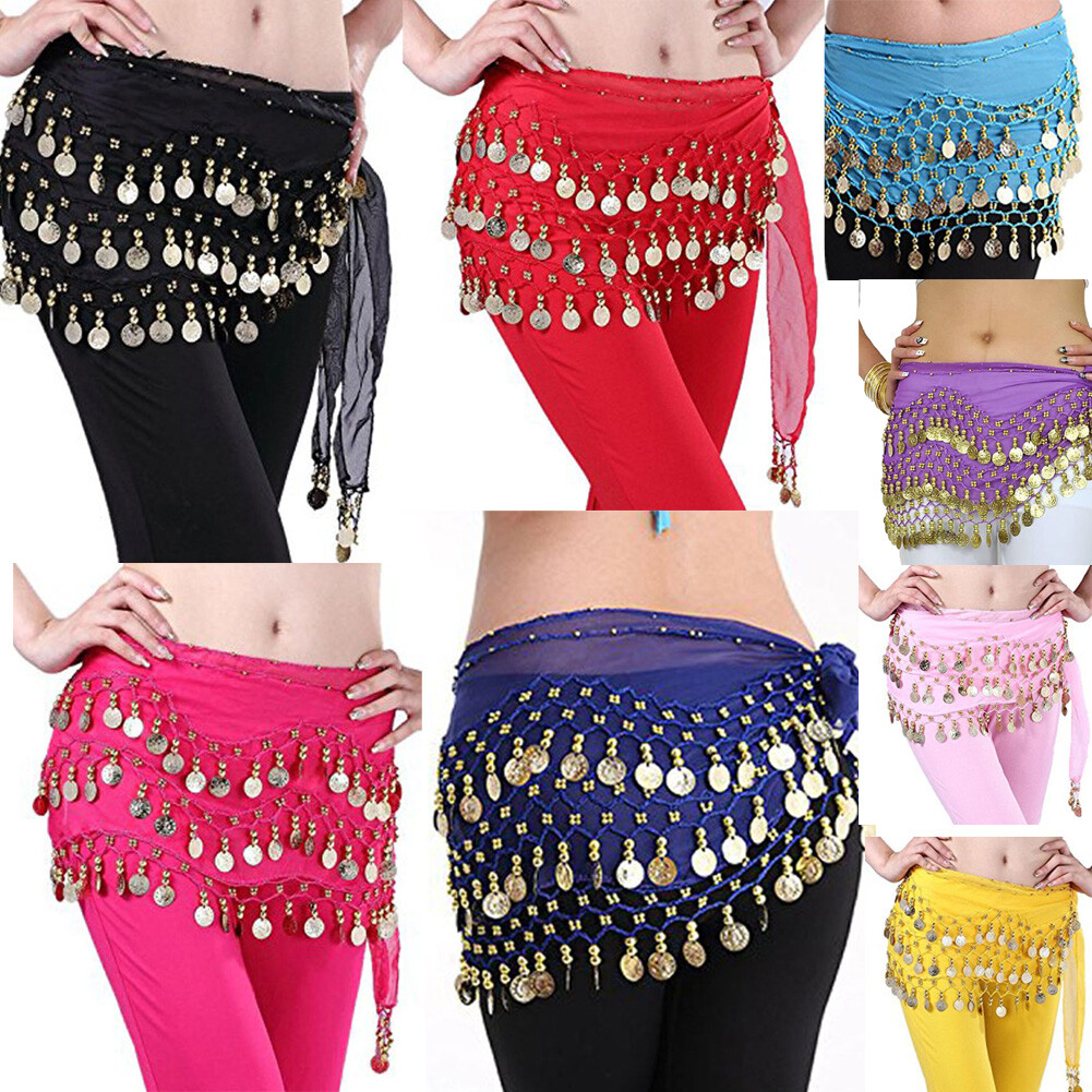 Women Belly Dance Costumes Hip Scarf Wrap Belt Skirt Gold/Silver Coins Beads US