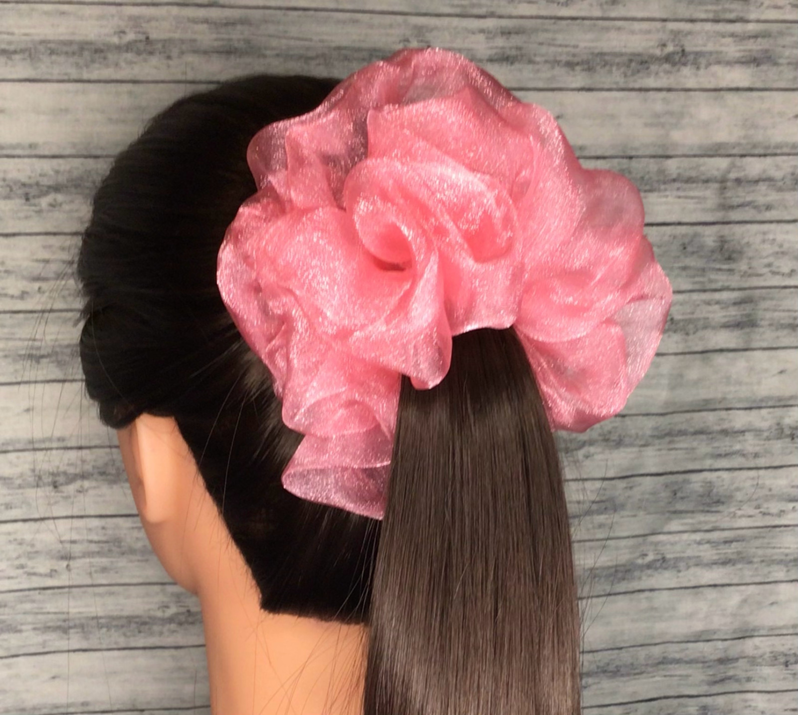 Coral Orange Crystal Organza XL Scrunchie Hair Ties – Ponytail Holder – 5 inches