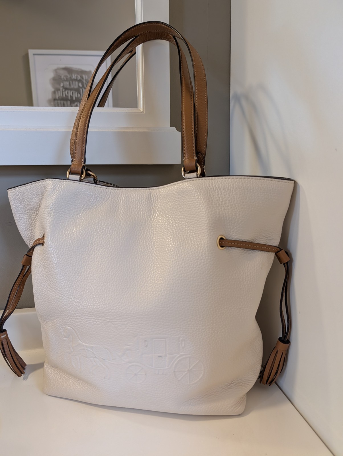 Coach Andy Tote CA165 Horse and Carriage Chalk Pebble Leather Shoulder Tote