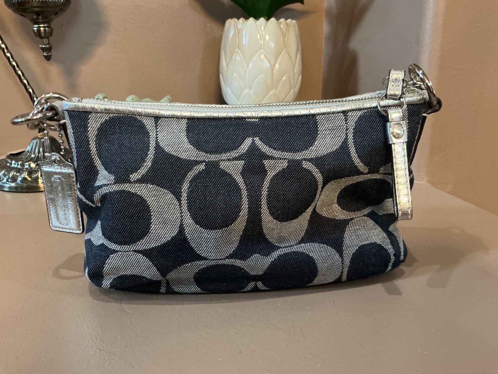 Coach Blue/Grey Signature Stripe Canvas Shoulder Crossbody Bag