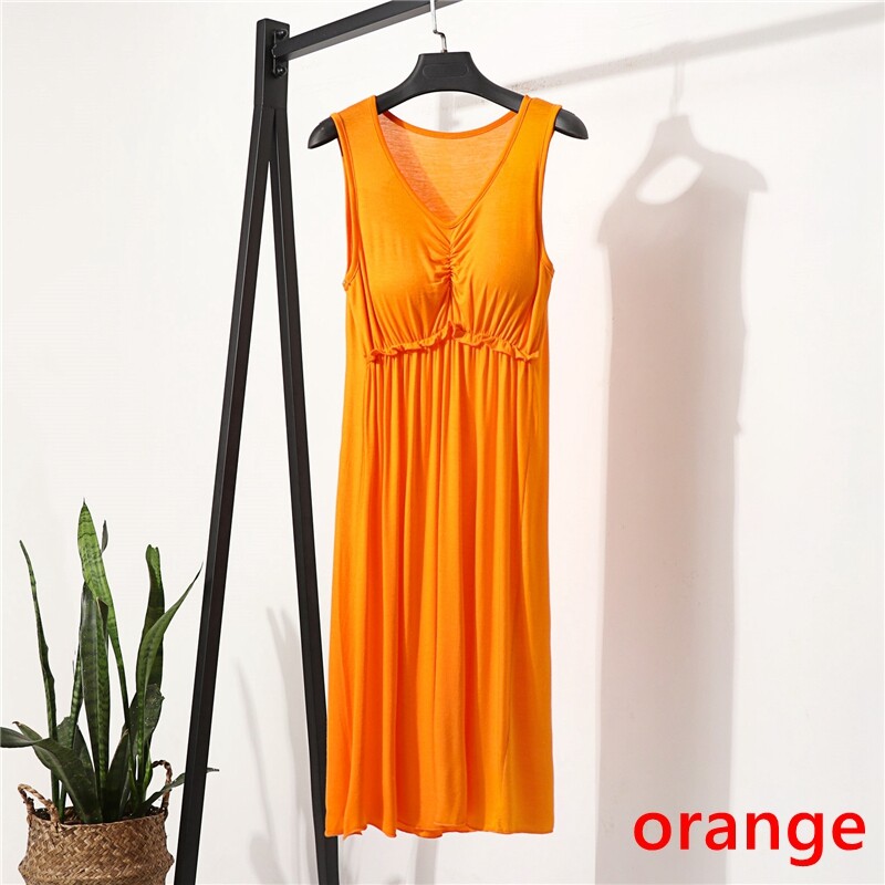 Women Modal Tank Vest Camisole Dresses with Chest Pad V-neck Nightgown Loose