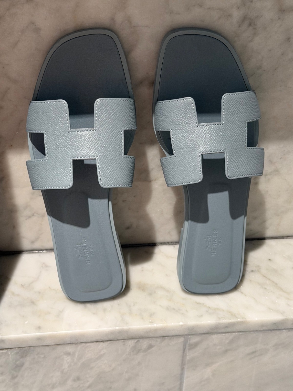 Hermes Oran Sandals Leather Gris Antartique (Greyish Blue) 39.5 New, no box