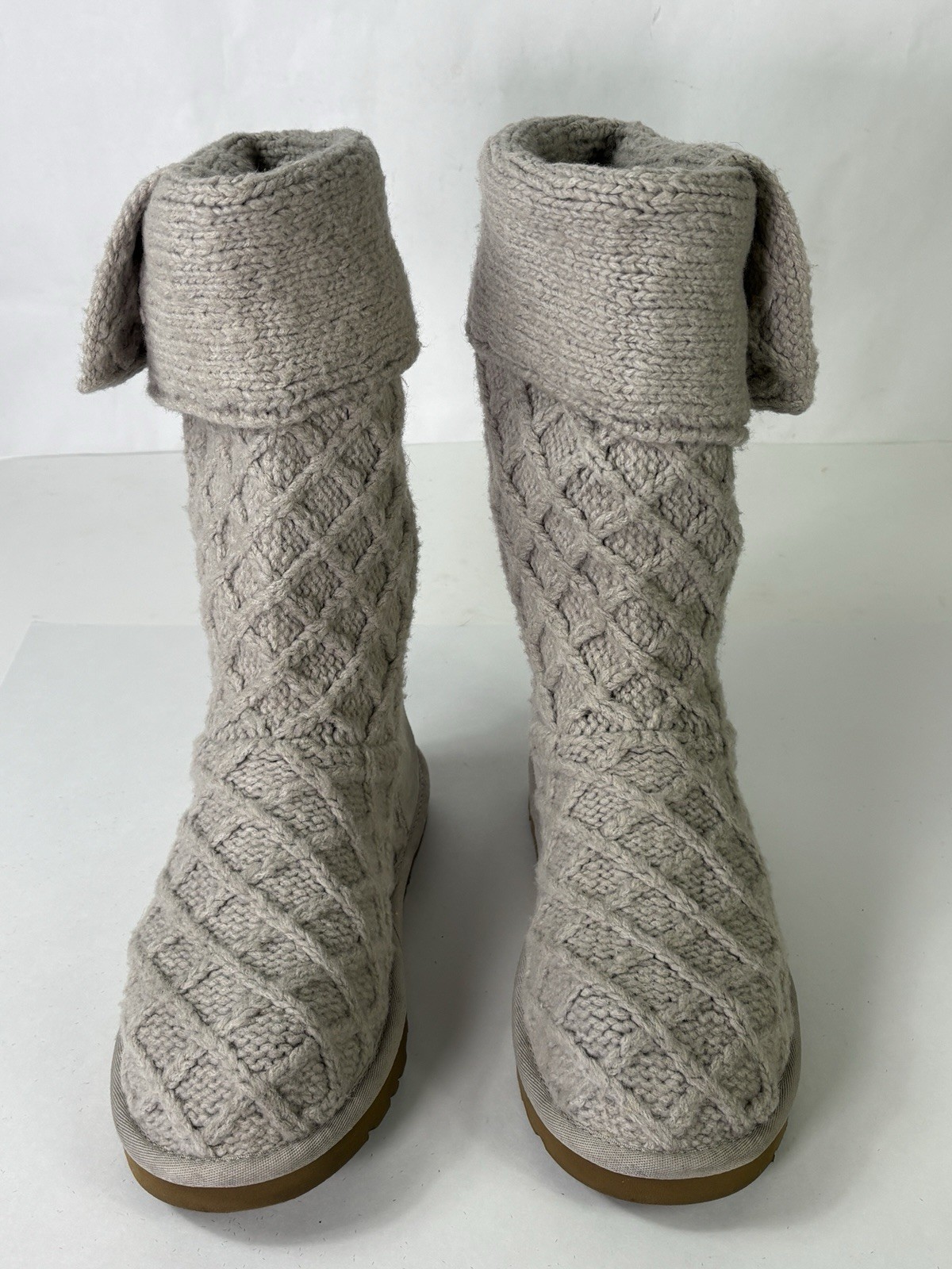 UGG Beige Lattice Cardy Tall BOOTS Size 7 Sweater Knit Button 3066 Cuffable