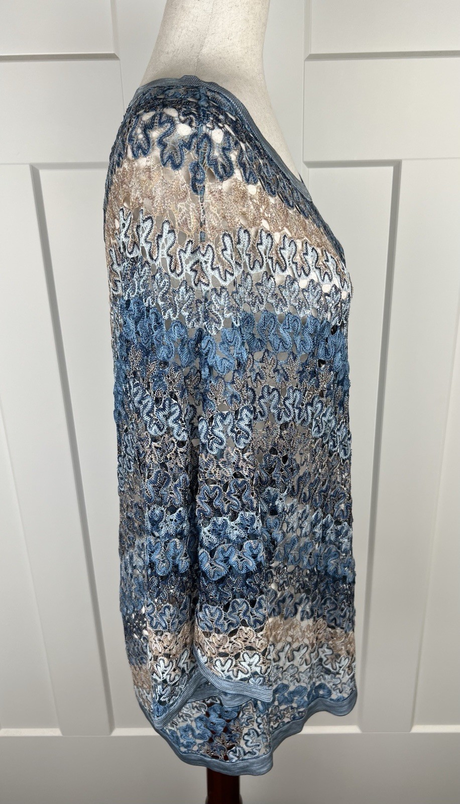 NIC+ZOE Open Weave Floral Knit Top Blue Beige Asymmetrical Tunic Large