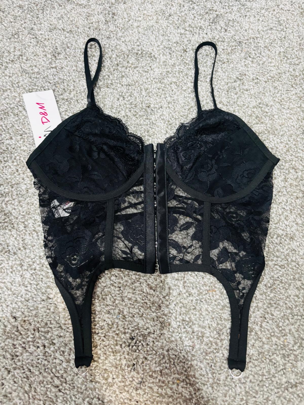 D&M Black Lace Corset Top Adjustable Strap Boned Floral Sheer Size S