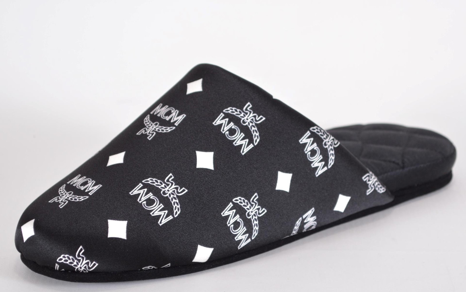 New MCM Men’s Black Silk Visetos Cushioned Slides Room Slippers Size M/L