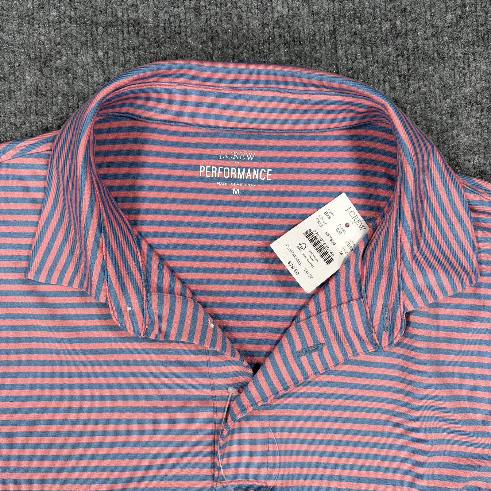 NWT J Crew Polo Shirt Men M Pink Blue Striped Performance Golf Stretch Athletic
