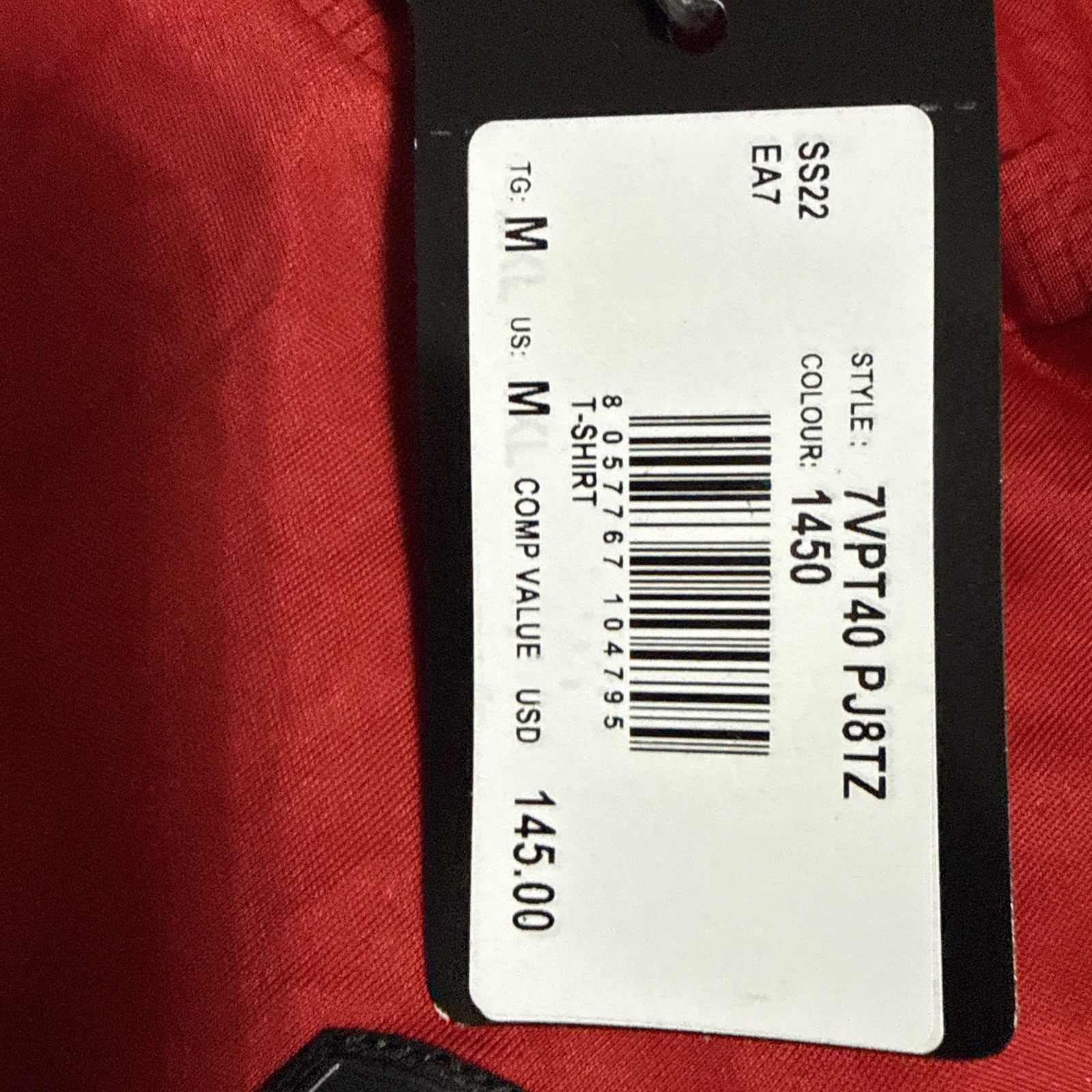 Emporio Armani EA7 Men’s Red Dynamic Athlete Jersey Tee T-Shirt M