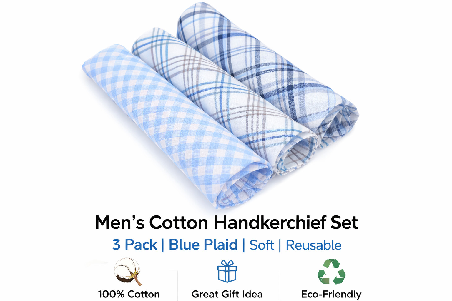 Men’s Cotton Handkerchief Set 3 Pack Blue Plaid Pocket Square Soft Reusable