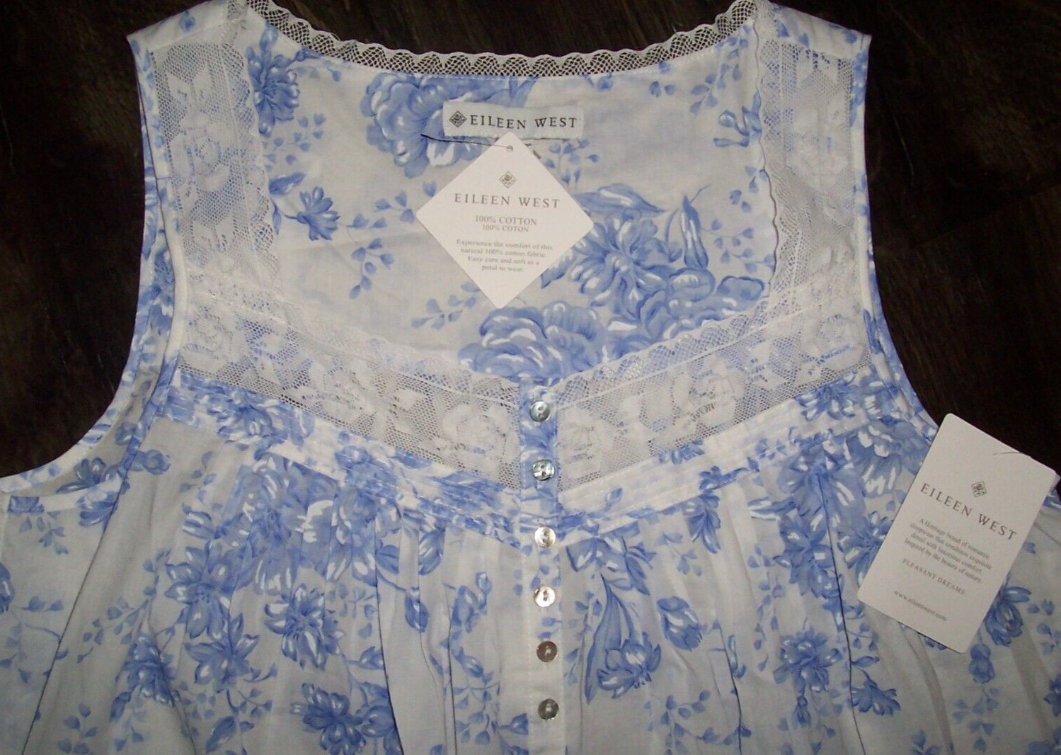 NWT Eileen West White/PERIWINKLE BLUE Floral 50″ Sleeveless Cotton Nightgown S
