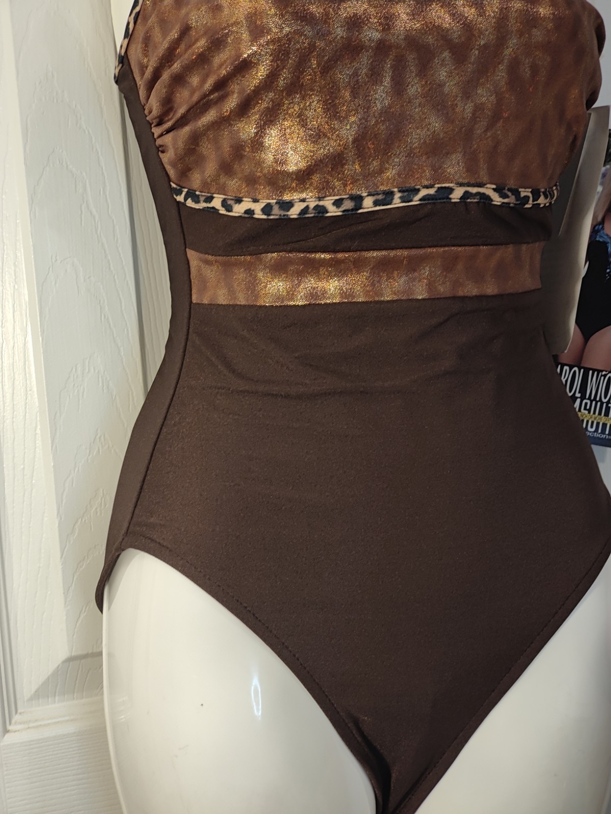 NWT Carol Wior Swimsuit One Piece Slimming Brown Animal Print Built In Bra Sz 8