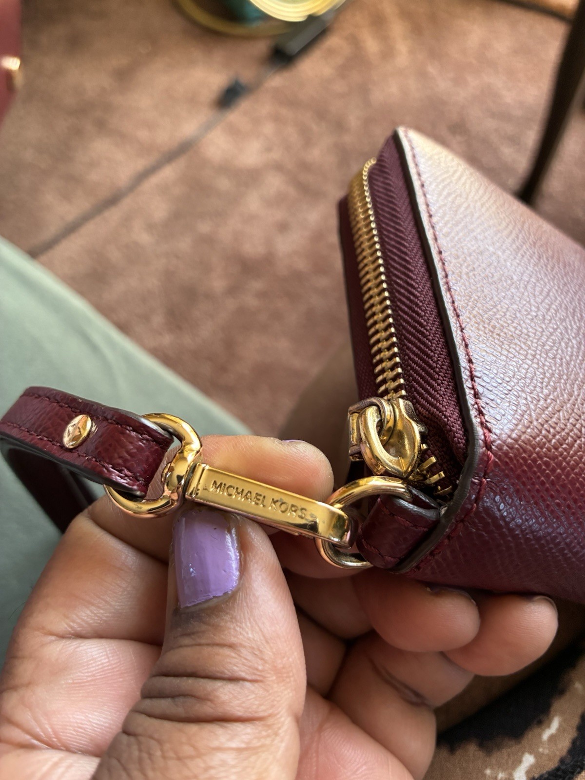 Michael Kors Burgundy Zip-Around Wristlet Wallet Gold Tone Detachable Strap Logo