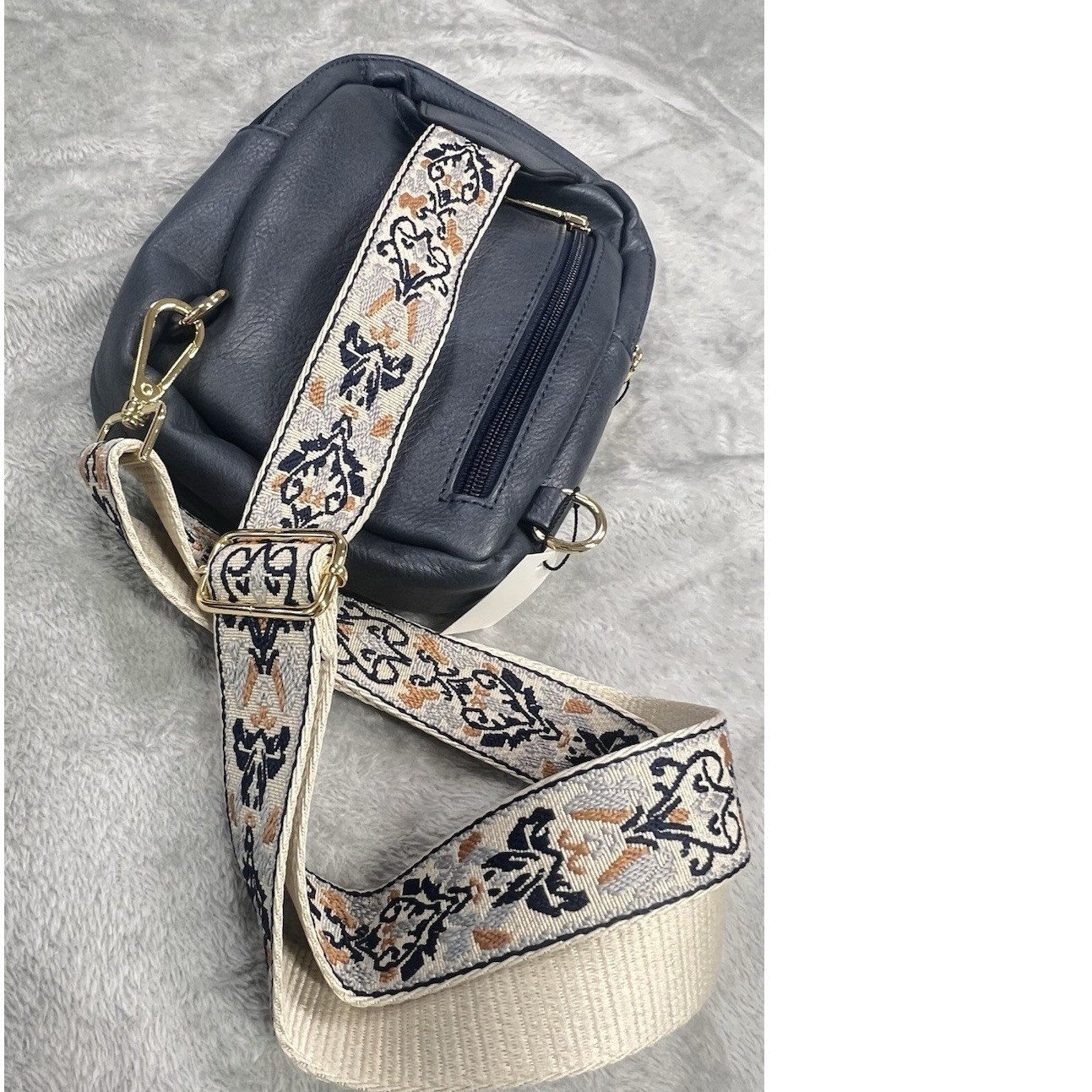 Bostanten Navy Quilted Sling Crossbody with Embroidered Guitar Strap Boho