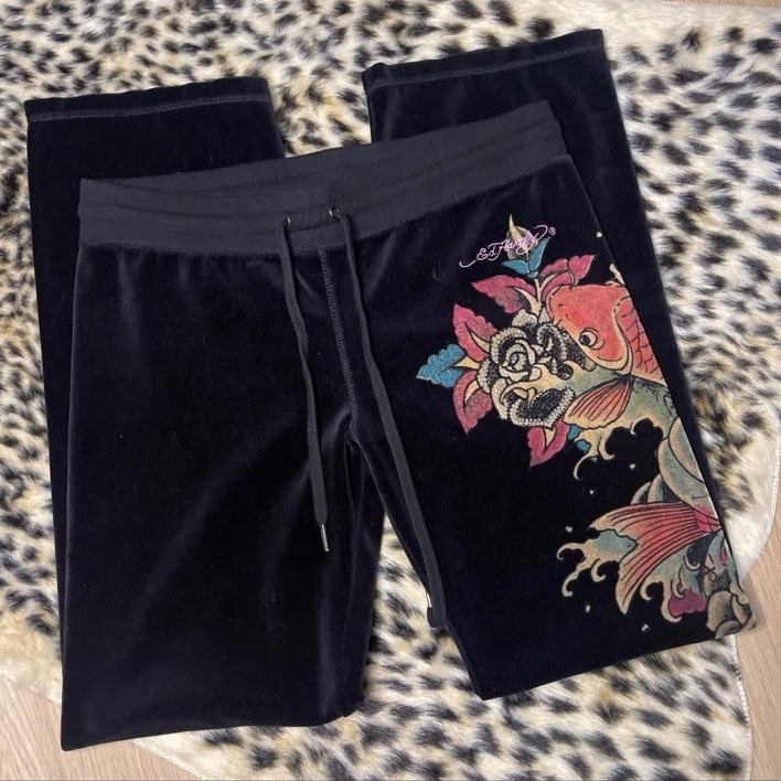 Vintage Rare Ed Hardy Women’s Black Velour XL Sweatpants Koi Print fits like M-L