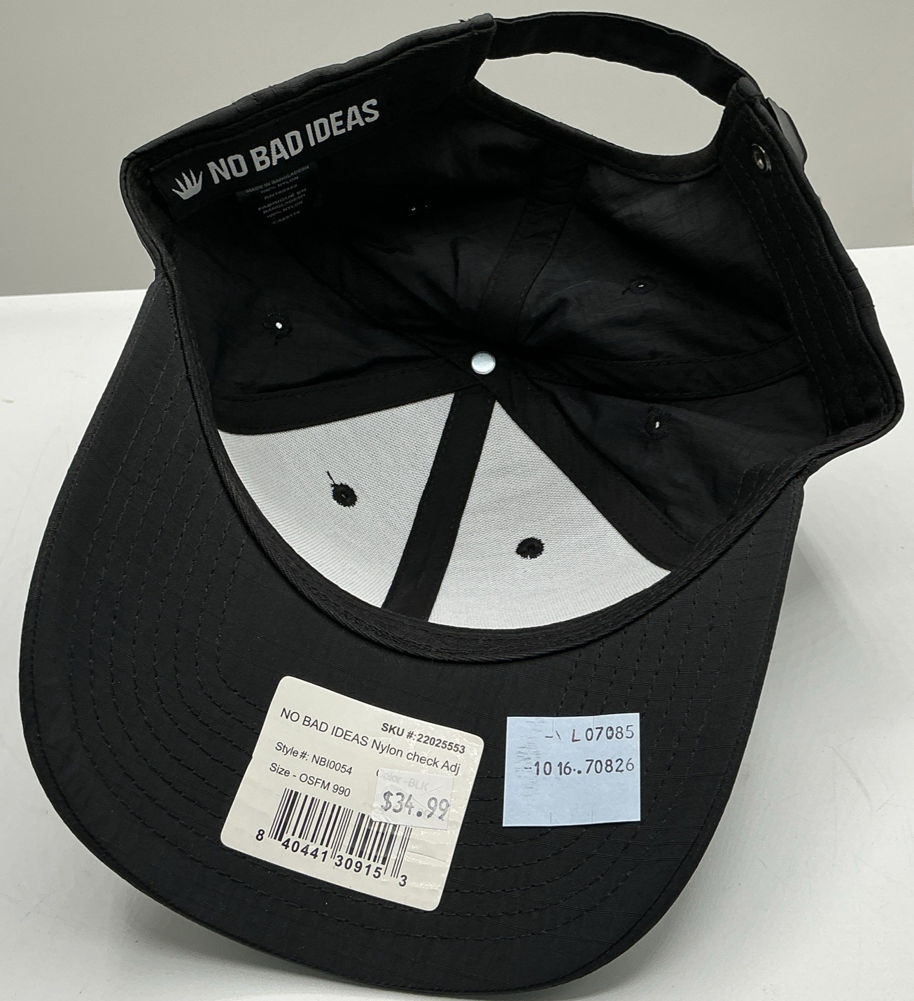 No Bad Ideas NBI Nylon Check 6 Panel Adjustable Black Cap Hat L07085