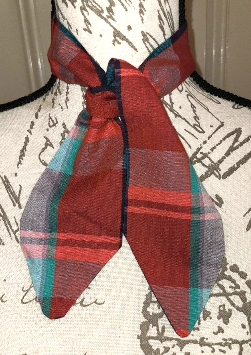 Vtg cotton Madras plaid multicolor reversible tie, red blue purple green
