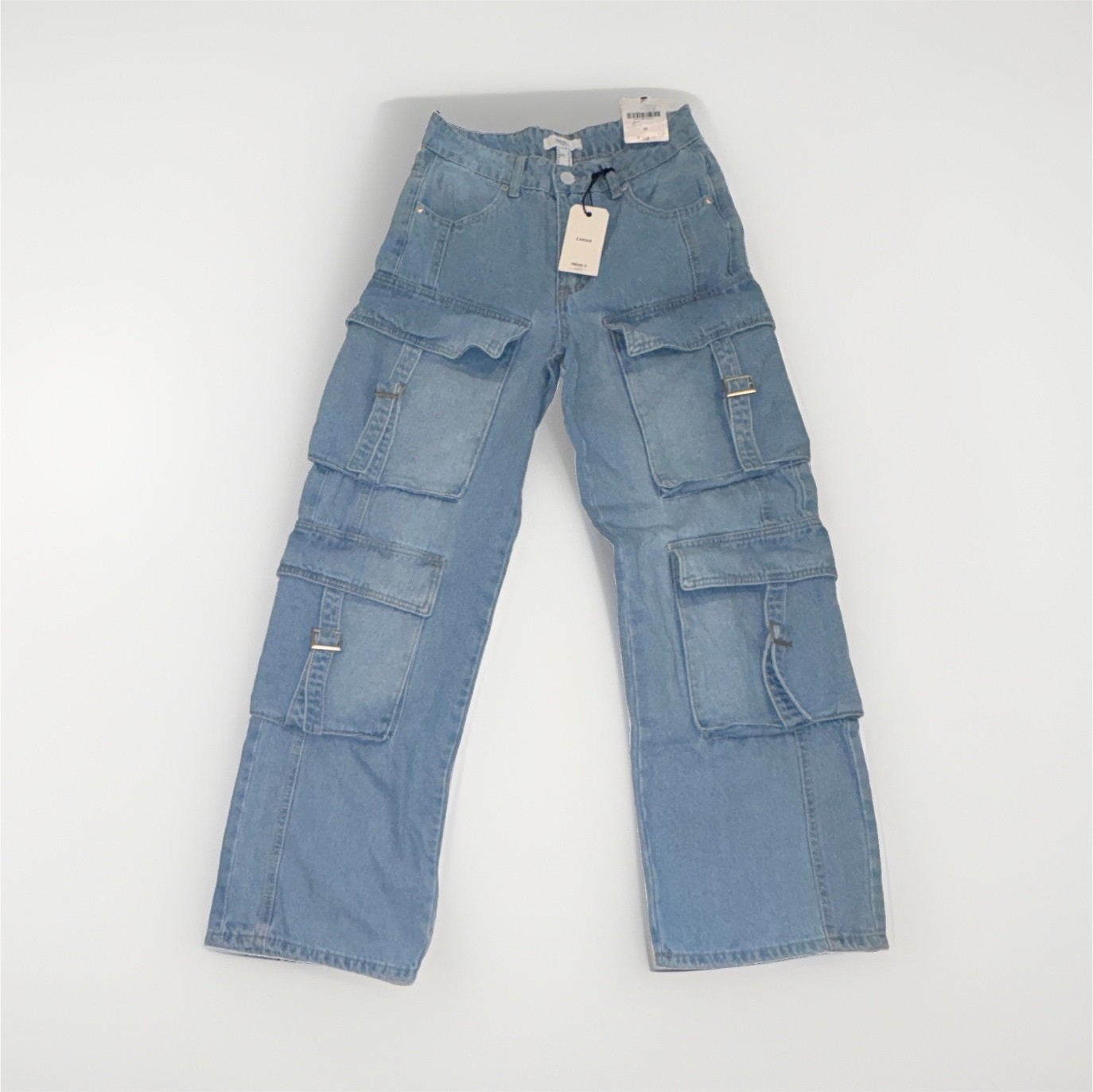 FOREVER 21 Women’s Blue Denim Cargo Jeans High Rise Button Zip Pockets
