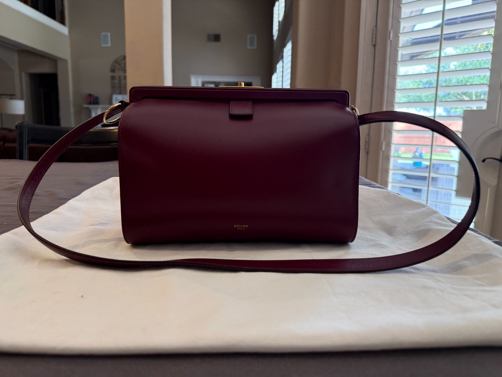 Celine Frame Bag (Medium) – Bordeaux Calfskin – Gold Hardware WIth Dustbag