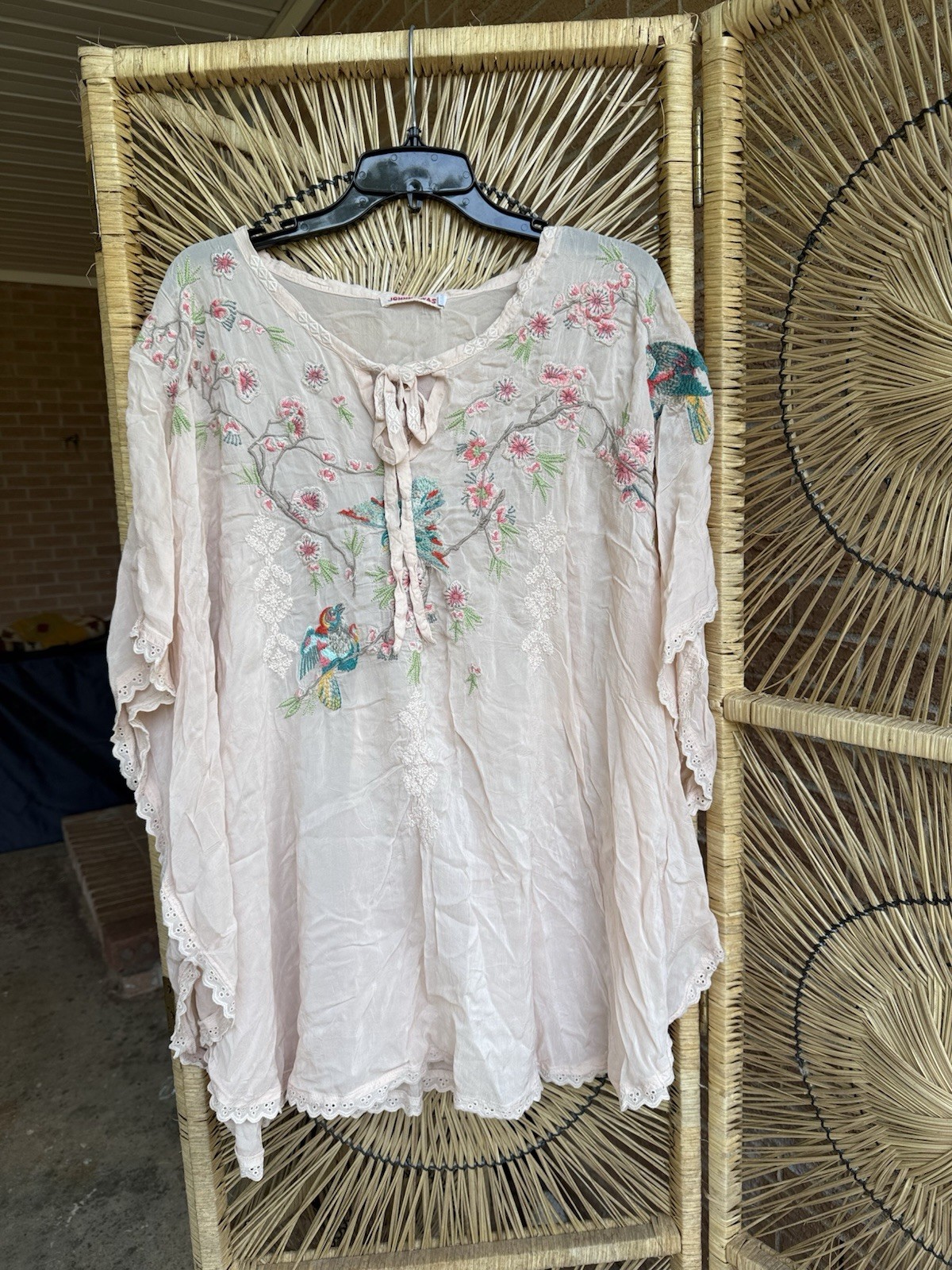 Johnny Was XL Embroidered Bird Floral Boho Tunic Blouse Pink Cupra Rayon NWT