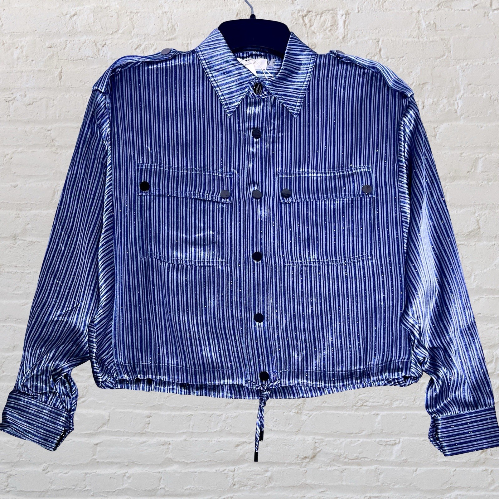 Ramy Brook Blue Striped Lurex Lia Button-Up Bomber Shirt Jacket Size XXS NWT