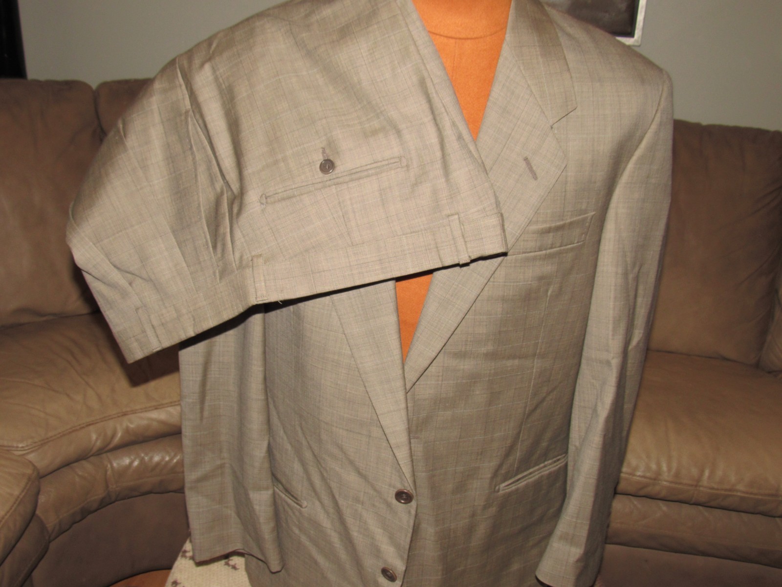 MANCILLAS Italy Men’s 44 Super 110’s Wool Suit Tan Blue Glen Plaid 36 X 29 Pants