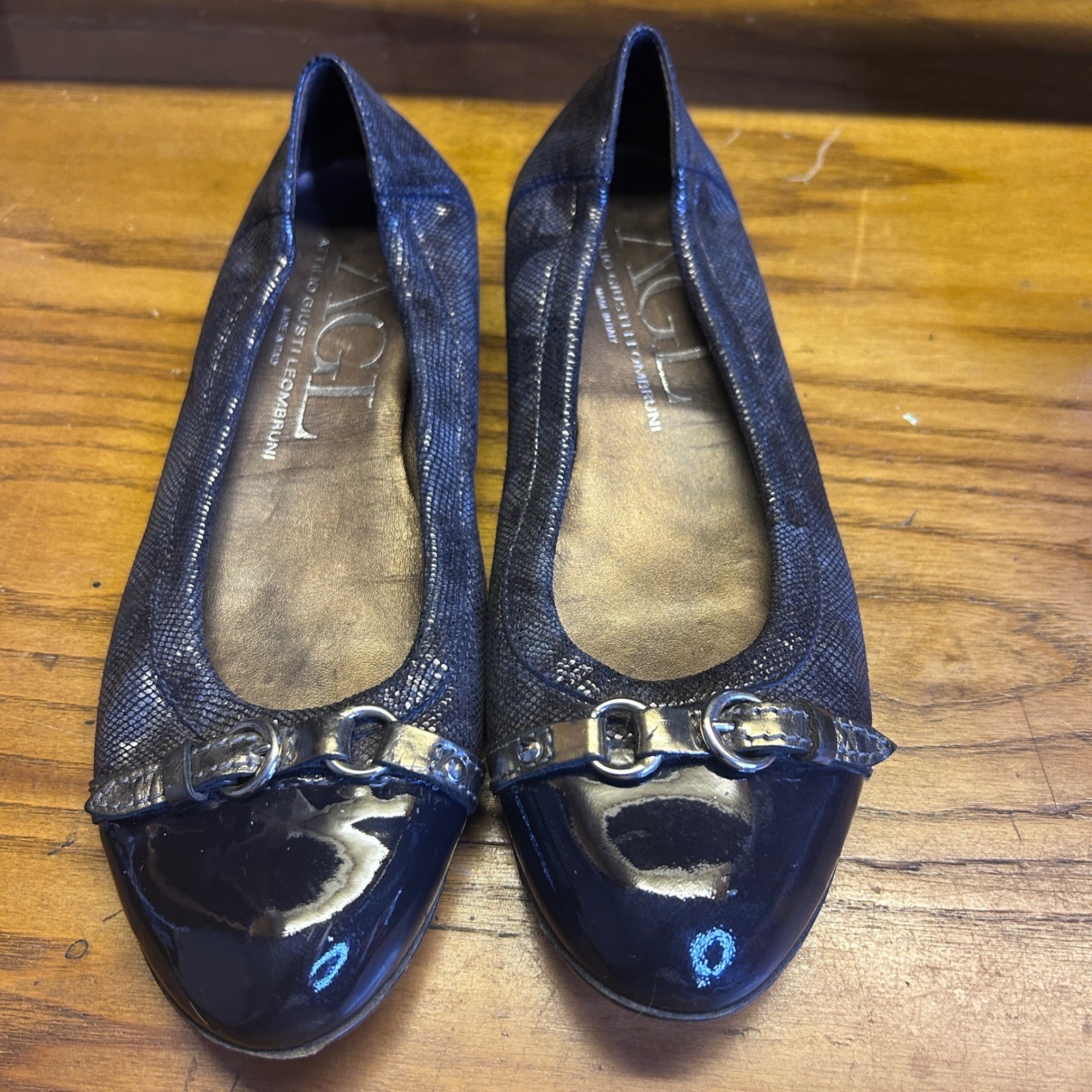 AGL Ballet Flats Womens 38 Navy Blue Leather pebble Snakeskin Patent Cap Toe Y2K