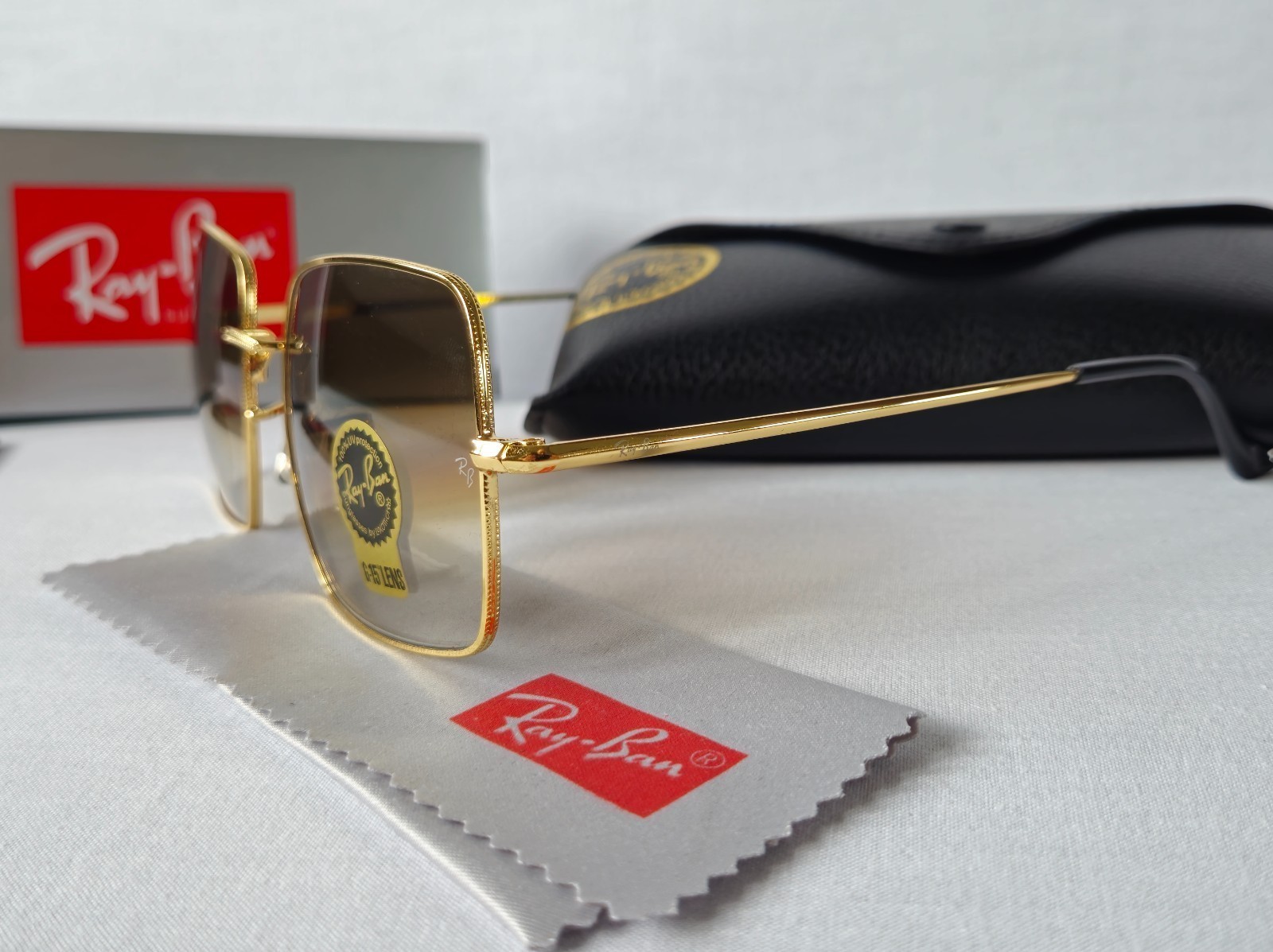 NEW Ray-Ban RB1971 9147/51 SQUARE CLASSIC Polished Gold Grad Brown Sunglasses 54