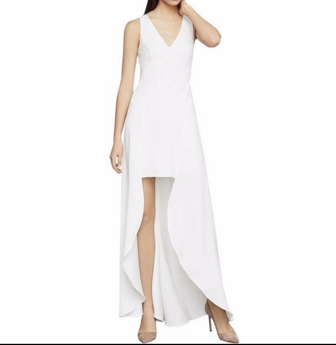 BCBGMAXAZRIA Off White V-Neck Sleeveless Hi-Low Maxi Dress Chiffon 6