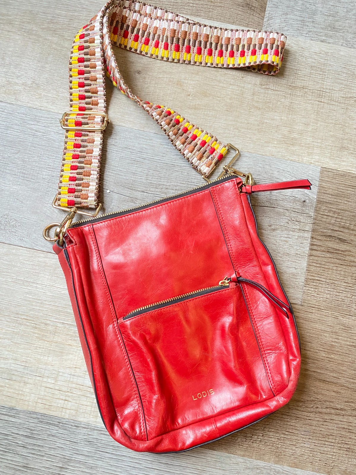 Lodis Red Leather Crossbody Messenger Bag Woven Guitar Strap Handbag Boho Rocker