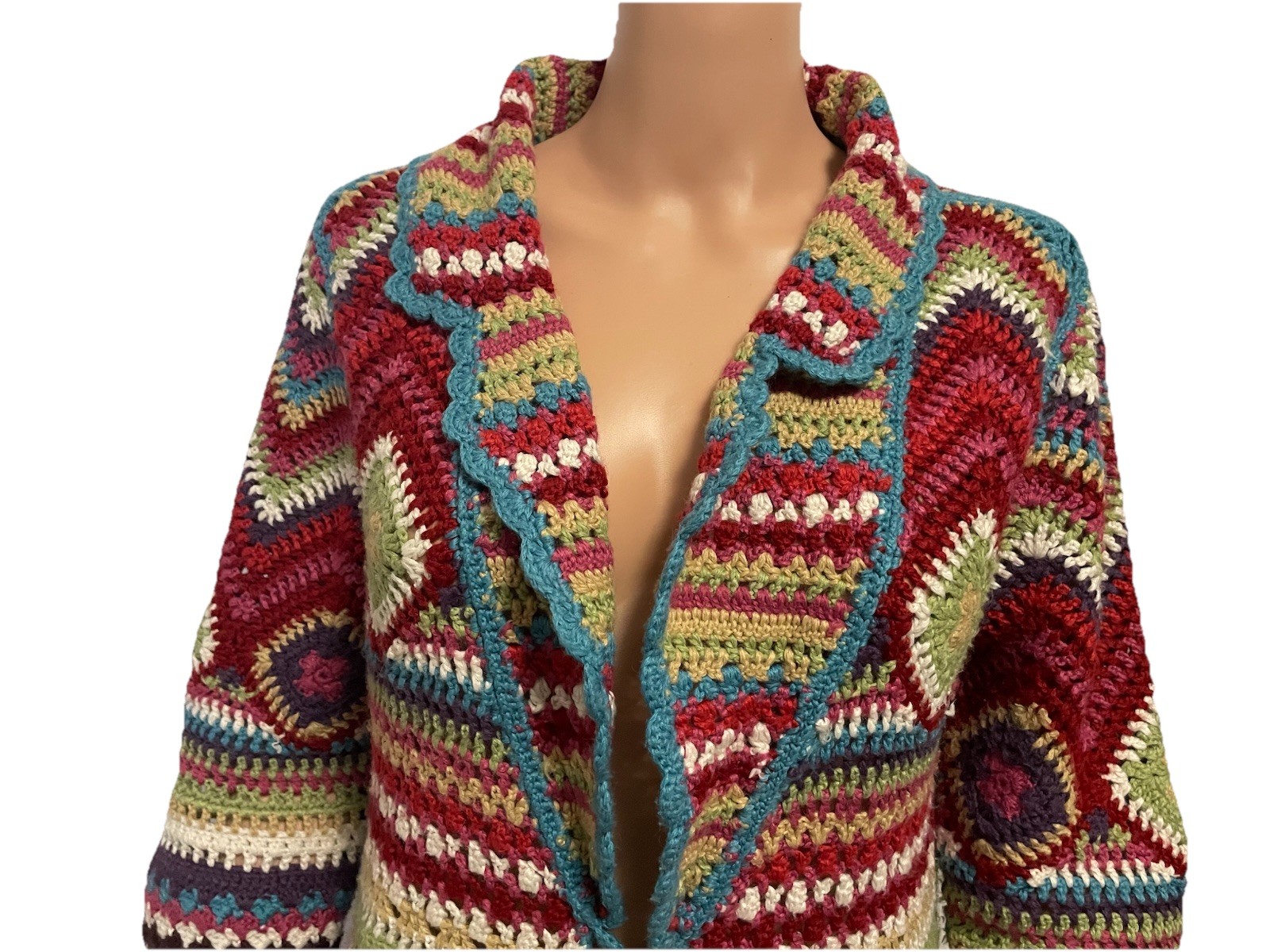 Monsoon Multicoloured Crochet Long Cardigan Size S/M (UK 10) Afghan Boho Hippie