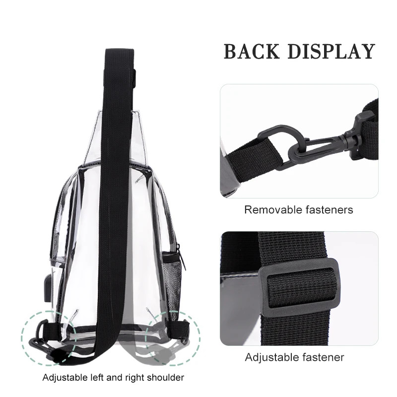 Clear USB Tote Bag PVC Zipper Stadium Approved Shoulder Handbag Purse Chest