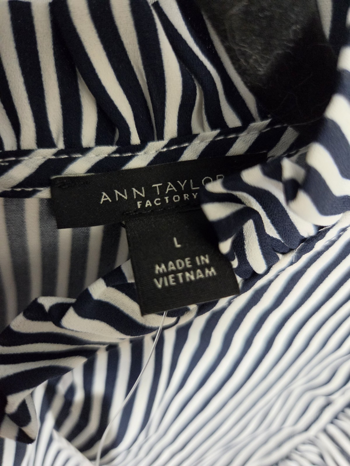 Ann Taylor Factory Black/White Striped Sleeveless Ruffle High Neck Blouse L