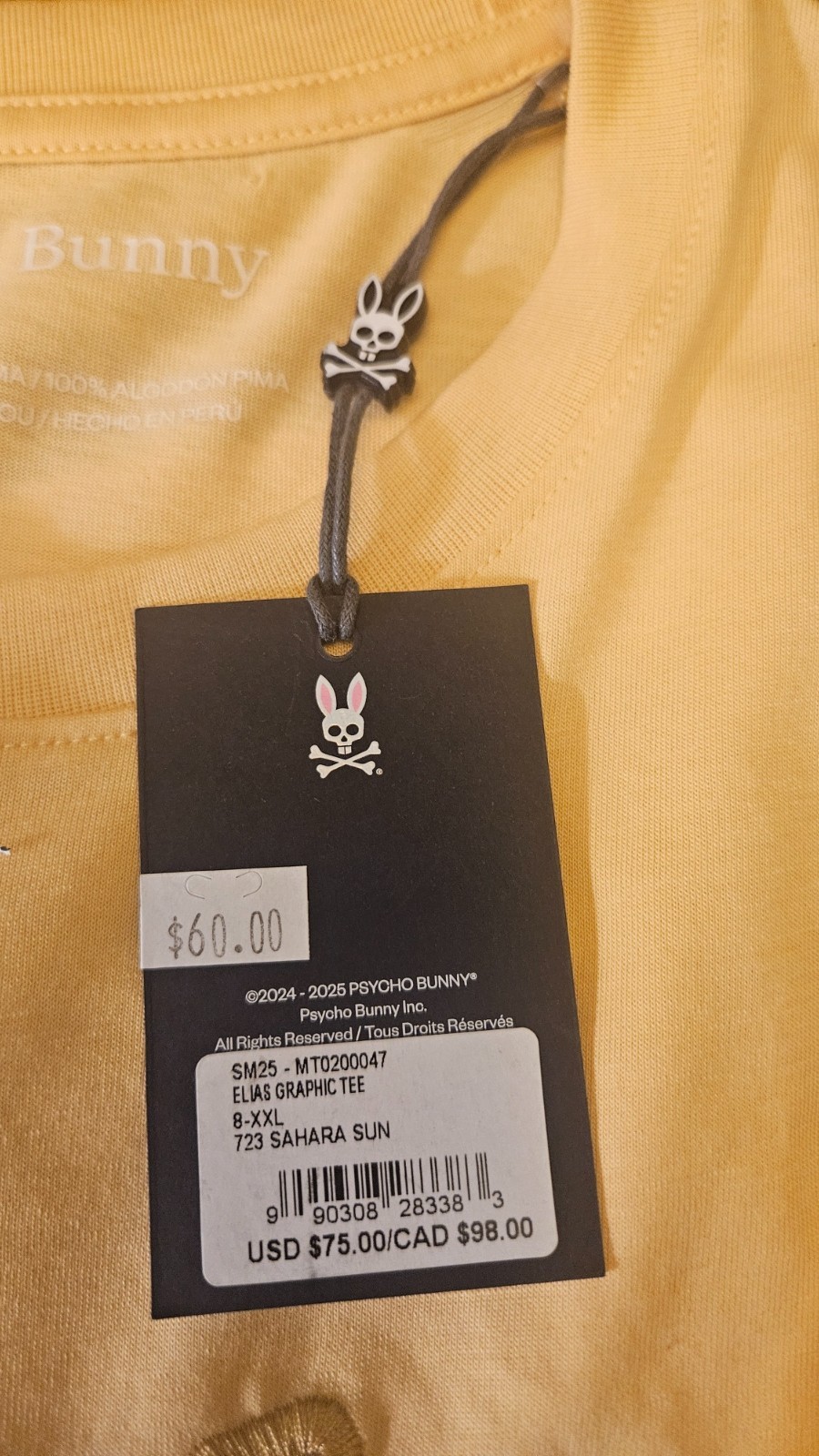 PSYCHO BUNNY Men’s Elias Graphic Tee Sahara Sun Yellow Size 2XL NWT