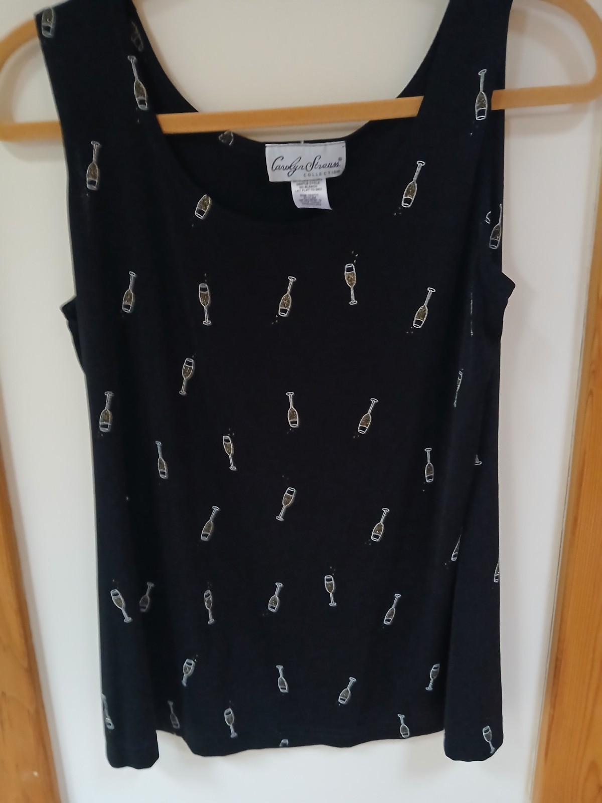 Carolyn Strauss 90/10 Nylon/Span BLACK TANK TOP w/ Champagne Flutes Glasses Sz M