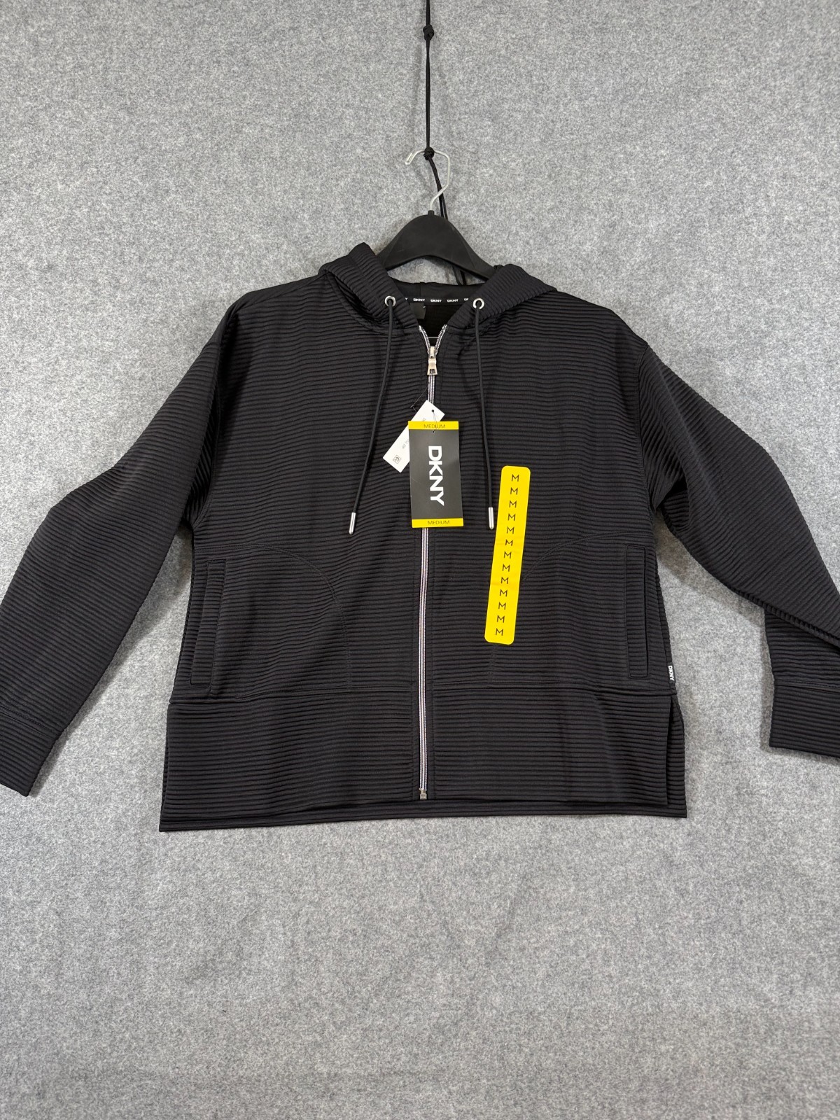 DKNY Ottoman Full Zip Hoodie Womens Medium Black Stretch Lined Drawstring NWT