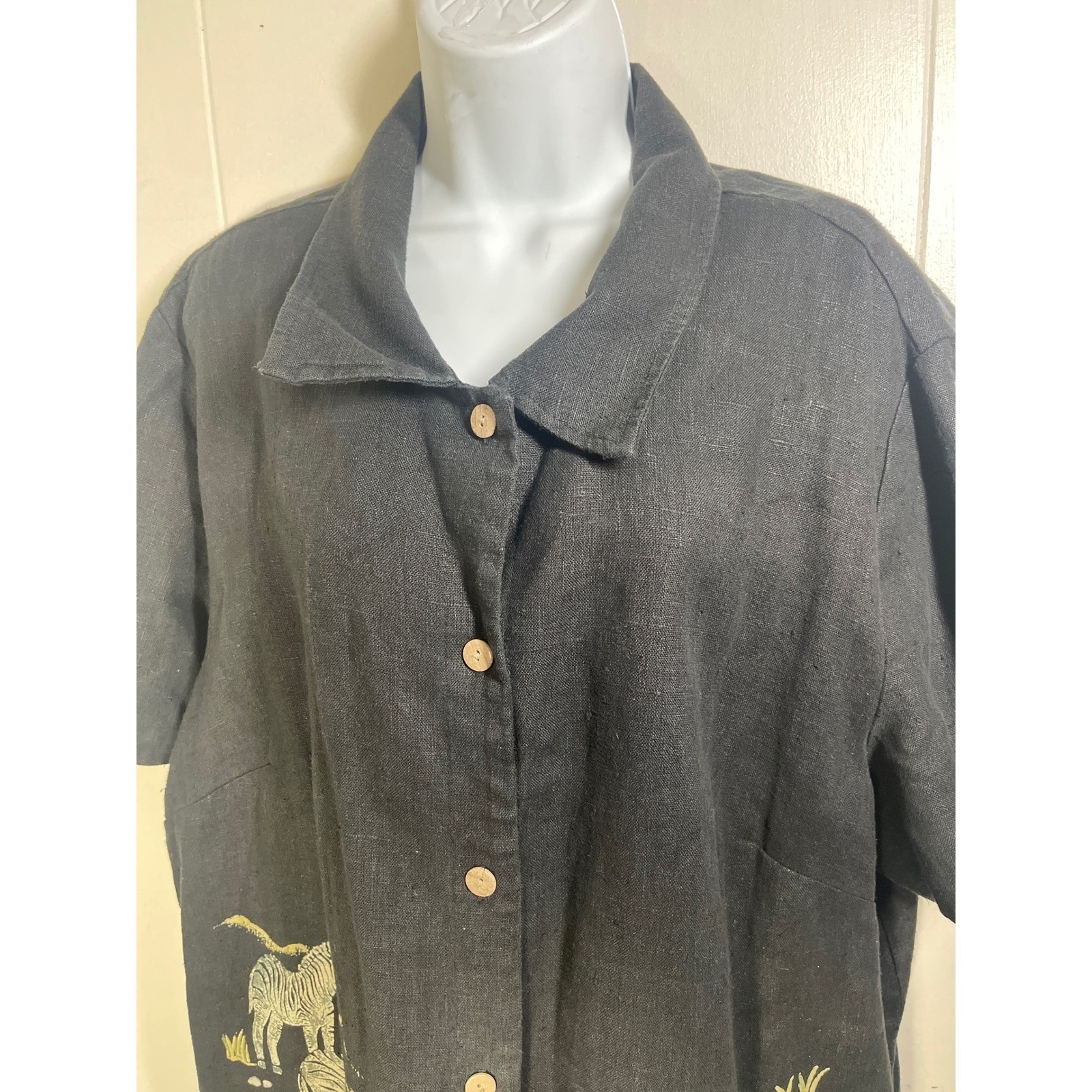 Black Linen Zebra Print Animal Safari Button Top 24W earthy festival wildlife